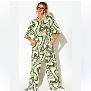 Dressed in LALA Green and Brown Wide Leg Jumpsuit Small